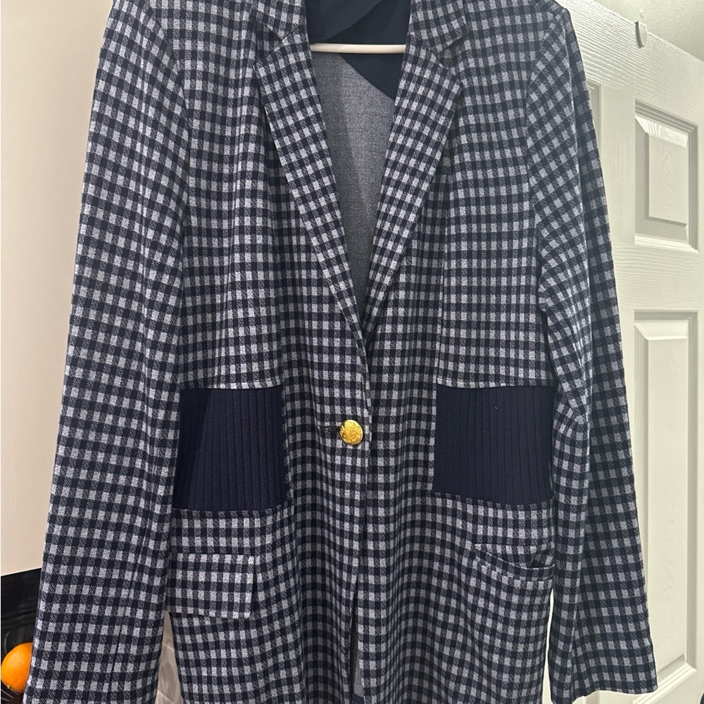 CAbi Navy and White Plaid Jacket